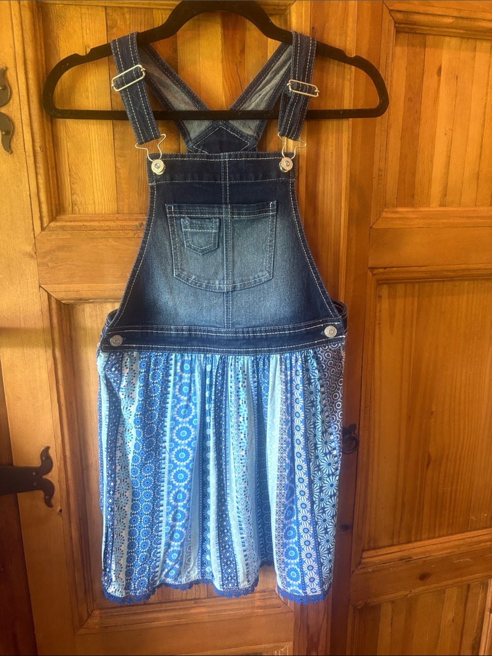 Jordache Blue Denim Overall Dress with Blue Patterned Skirt